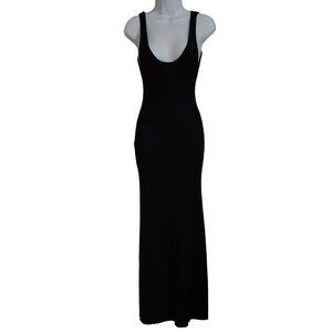 Allfenix  Black Ribbed Low V-Neck Bodycon Goth Maxi Dress Small